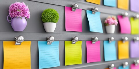a realistic photo of a motivational flexible work board with post-its and personal goals
