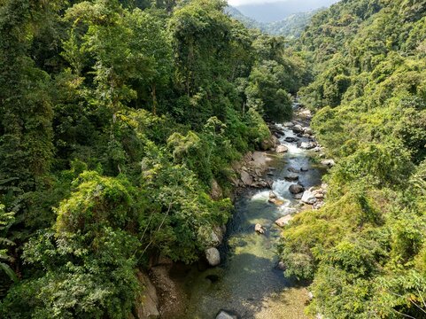 Buritaca river in colombian jungle of sierra nevada de santa marta aerial view panorama