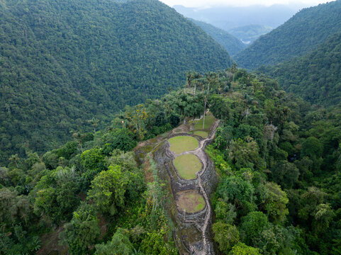 view of lost city teyuna tayrona in santa marta colombia aerial panoramic view of the mountain