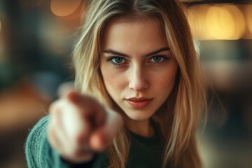 Fototapeta premium Woman pointing finger at camera with assertive expression