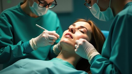 A woman undergoes cosmetic surgery as medical professionals in teal scrubs and masks perform precise facial procedures in a clinical setting