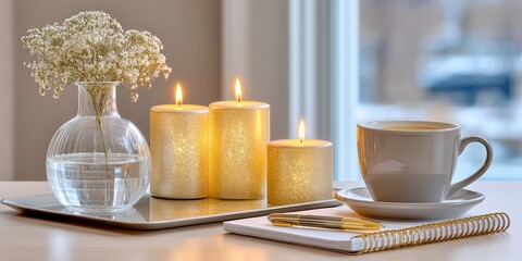 a realistic photo of an evening work session with tea candles and focused vibes
