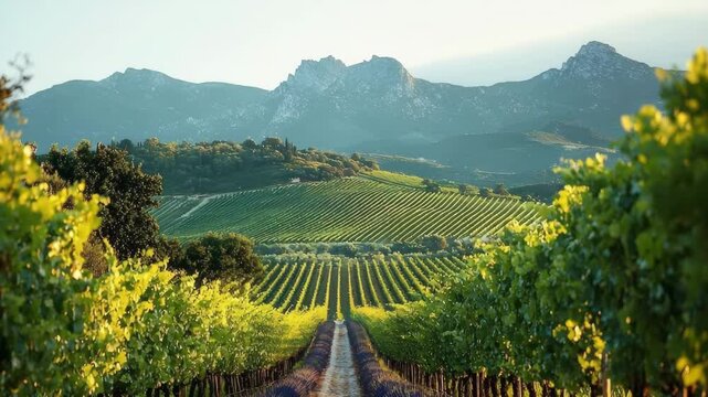 Serene Mediterranean countryside vineyard with grapes olive trees and lavender