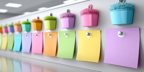 a realistic photo of sticky notes with campaign stages on a wall in a meeting room