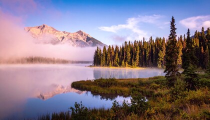 Fototapeta premium Serene Mountain Lake Reflection at Dawn with Mist-Shrouded Peaks and Lush Forest