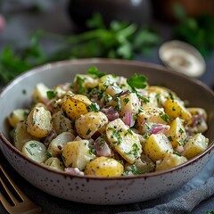 food photography, soft light, photorealistic, herbed potato salad, potato salad with fresh herbs and no mayonnaise, simple styling, light neutral colors, sharp focus
