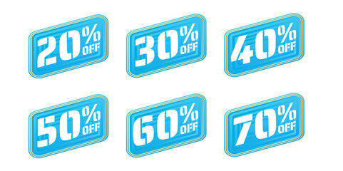 Different percent discount blue sticker and price tag set, sell off up to 20, 30, 40, 50, 60, 70 percent, isolated vector illustration	