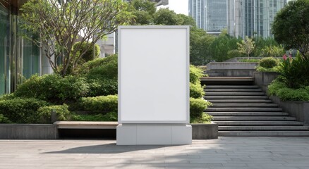 Blank billboard stands outdoors surrounded by greenery and a building in the background.