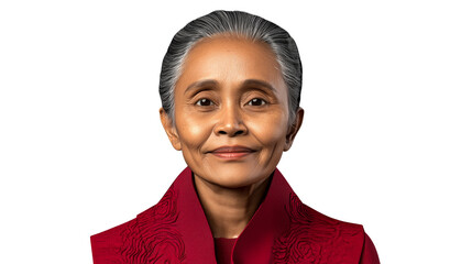 Portrait older Asian woman, gray hair, red jacket, smiles, cut out transparent