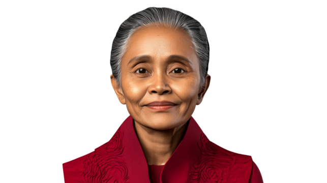 Portrait older Asian woman, gray hair, red jacket, smiles, cut out transparent - Powered by Adobe