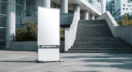 Blank sign stands outside a modern building with stairs in the background.