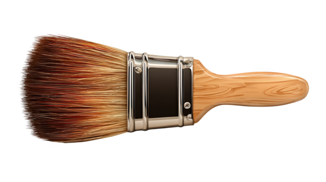 Newly crafted paint brush featuring a wooden handle and metal ferrule, isolated against a transparent background, perfect for various painting and decorating projects