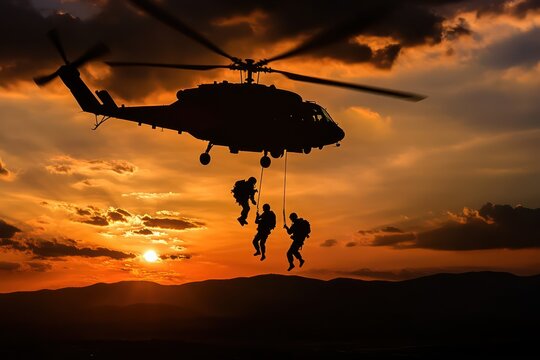 Silhouette of soldiers rappelling from helicopter in action scene