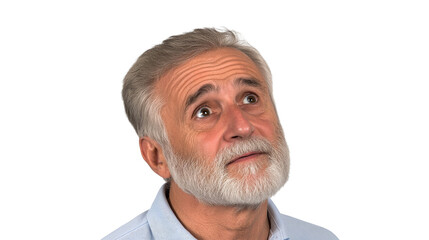 Senior male looking up with thoughtful expression, cut out transparent