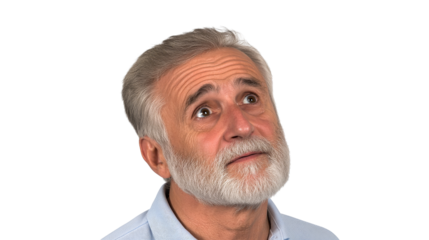 Senior male looking up with thoughtful expression, cut out transparent
