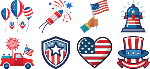4th of July Vector Bundle Patriotic Symbols  8 Color PNGs Transparent Background