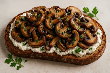 Close up of mushroom toast with ricotta cheese and parsley on a white surface in bright lighting