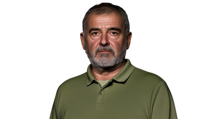Mature man portrait, grey hair, olive shirt, serious expression, cut out transparent