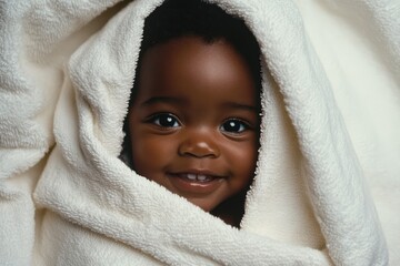 Happy African-American baby wrapped in white towel