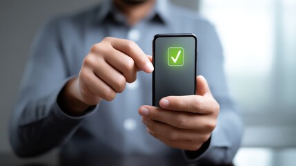 A person taps a smartphone screen displaying a green check mark, indicating approval or successful action.
