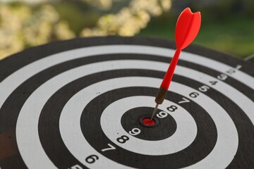 Targeting. Dart board with arrow outdoors, closeup
