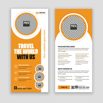 Travel Agency Double-sided Rack Card and DL Flyer Template. Perfect for promoting your travel services and tours. Clean, stylish design with space for your unique offerings