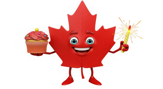 Cartoon maple leaf character with cupcake and sparkler on transparent background - Powered by Adobe