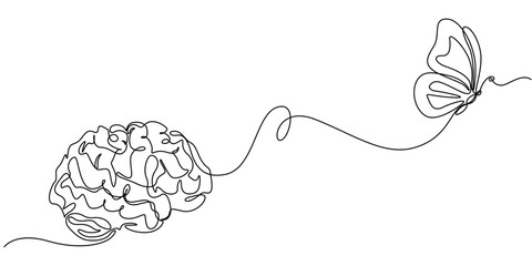 Butterfly emerging from a brain in one line drawing. Personal transformation in psychology, Butterfly emerging from a brain in continuous one line drawing. Transformation and mental growth. Editable.