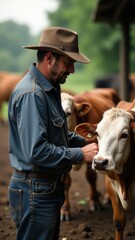 A farmer in overalls and a hat gently cares for a brown cow in a tranquil rural setting
