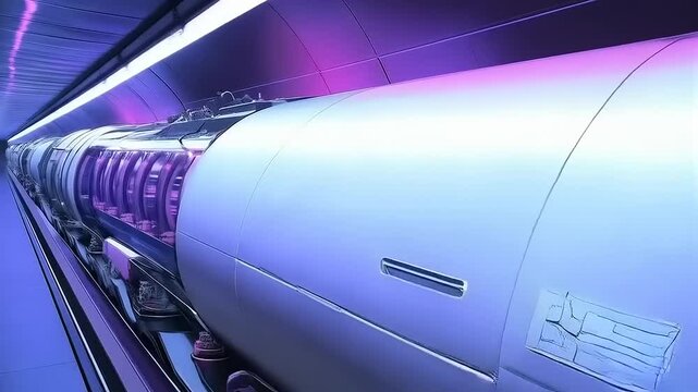 Futuristic Hyperloop Train in Tunnel with Neon Lights and Sleek Metallic Design