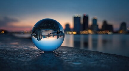 Crystal ball reflects city skyline on a surface near water at dusk.