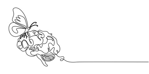 Butterfly emerging from a brain in one line drawing. Personal transformation in psychology, Butterfly emerging from a brain in continuous one line drawing. Transformation and mental growth. Editable.