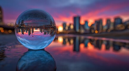 City skyline reflected in a crystal ball at sunset over water.