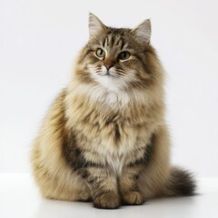 Fluffy Long-Haired Cymric Cat Sitting on Pure White Background