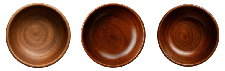 Set of Three Rustic Wooden Bowls in Varying Shades and Designs Perfect for Serving or Decoration, Isolated on Transparent and White Background