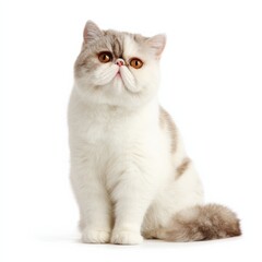 Obraz premium Exotic Shorthair Cat Sitting on White Background with Flat Face