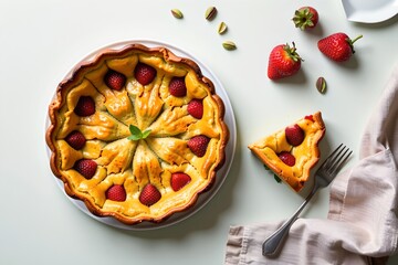 Delicious Strawberry Pistachio Cheesecake Tart Top View Food Photography