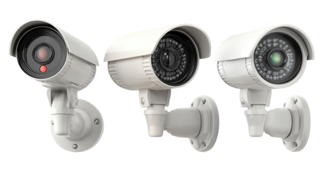 Three white security cameras with varying lens configurations and red recording indicator lights, mounted for surveillance, ensure comprehensive monitoring on a transparent background