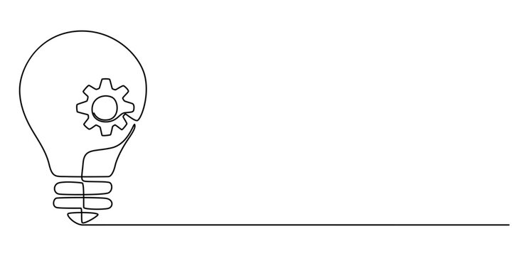 Continuous one single line drawing innovation Light bulb and gears inside icon vector illustration concept, One single line drawing of lightbulb with metal gear wheel inside for machine company logo.