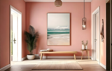 minimalist entryway with frame mockup, simple bench, small plant, warm-toned wall, soft recessed lighting, clean lines, neutral tones, elegant, welcoming atmosphere