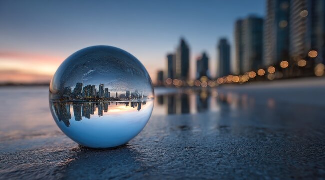 Glass sphere reflects city skyline on beach at dusk with blurred background.