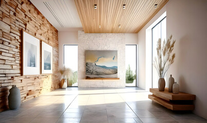 Coastal interior design of modern entrance hall with stone tiles wall and wooden rustic elements. 