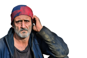 Gritty man scratches head wearing hat, working class, cut out transparent