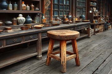 Rough-hewn stool in antique workspace high resolution picture