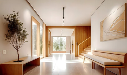Interior of modern house wooden stairway