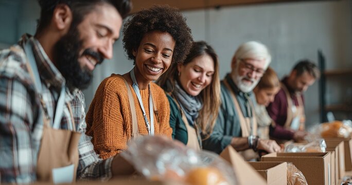 Diverse group of volunteers packing donations. High quality
