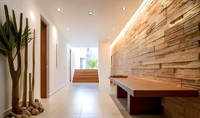 Wooden staircase and stone cladding wall in rustic hallway. Cozy home interior design of modern entrance hall with door.