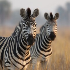 Fototapeta premium Two zebras standing in a field, with striking black and white stripes and looking directly at the camera. The image showcases the beauty of wildlife in its natural habitat