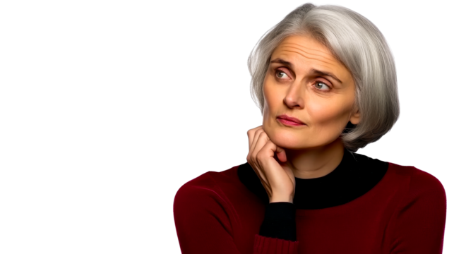 Contemplative Mature Woman with Hand on Chin, Cut Out Transparent