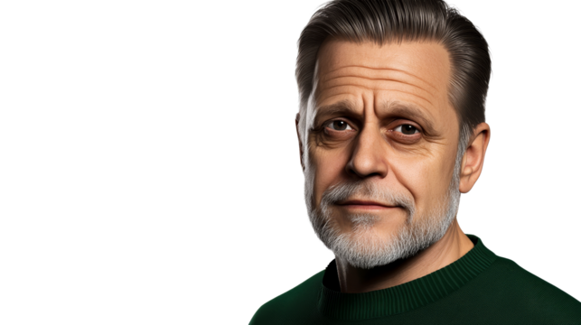 Mature man portrait, silver beard, green shirt, studio shot, cut out transparent